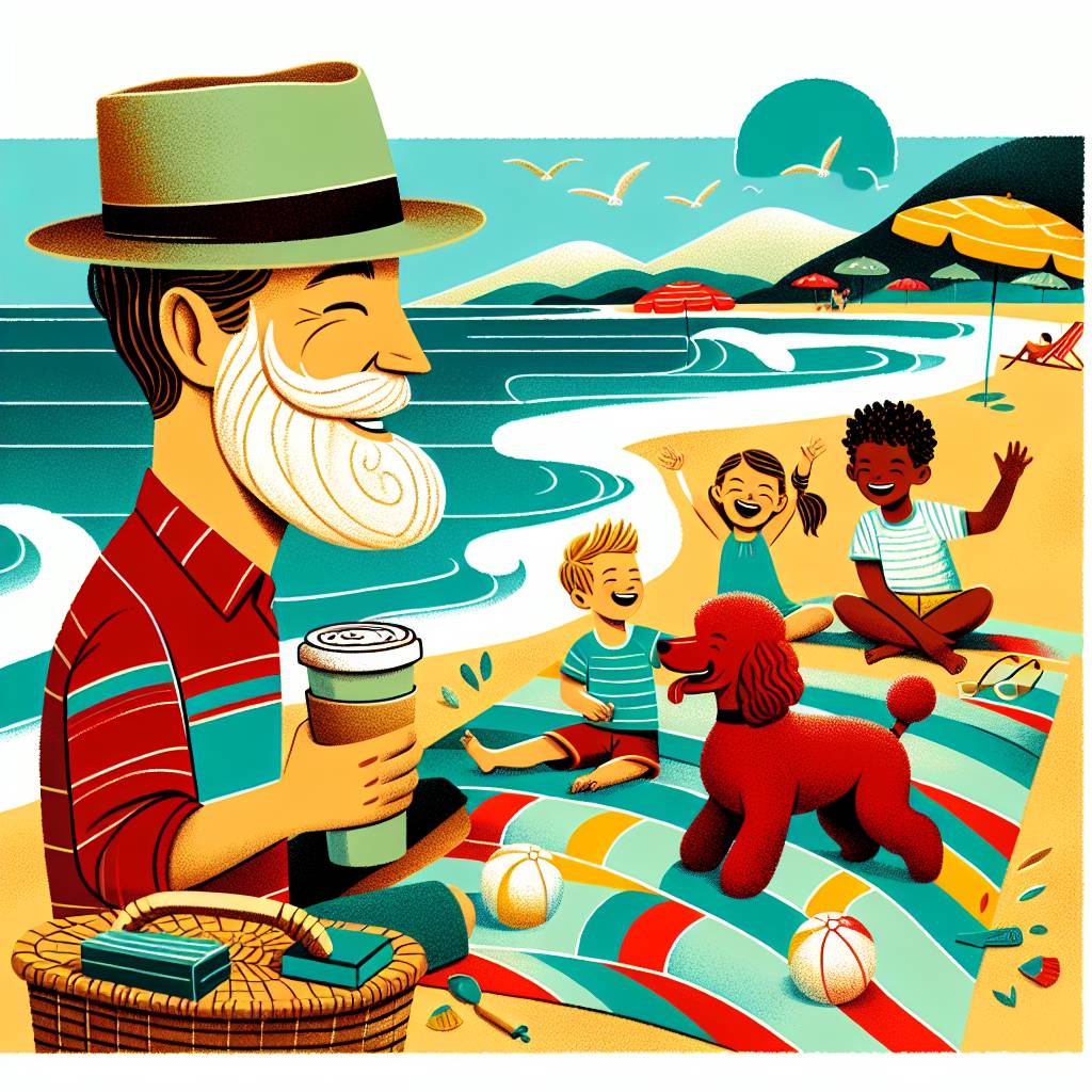 2) Fathers-day AI Generated Card - Bearded man, 2 boys, A girl, Red poodle, Cap , Latte , and Seaside (ee3c5)