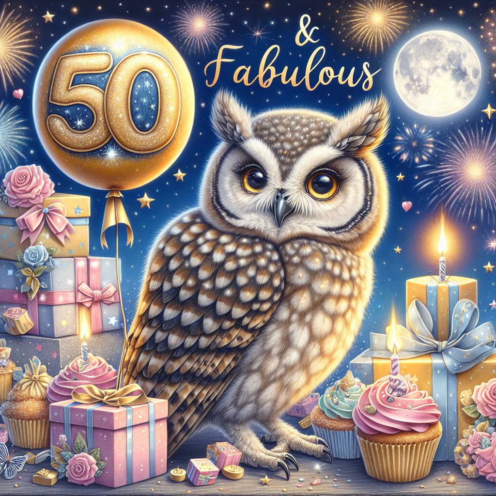 2) Birthday AI Generated Card - Owl, and 50th Birthday (f22ad)