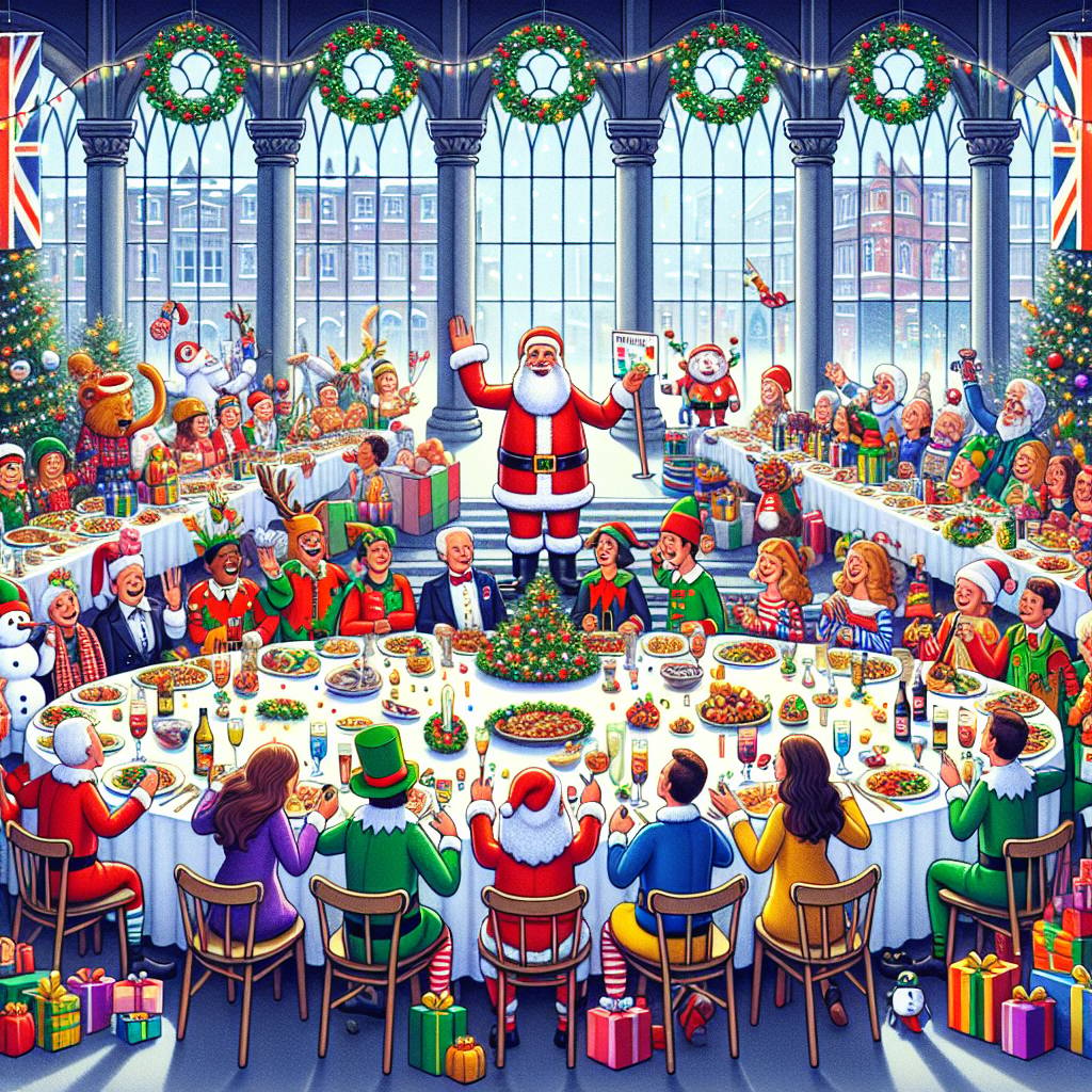 1) Christmas AI Generated Card - Christmas meal, Big dinner table, Manchester, Tv cameras, Big TV screens, Santa, Snowmen as guests, Elves different ethnicities, and Christmas presents (9afe5)
