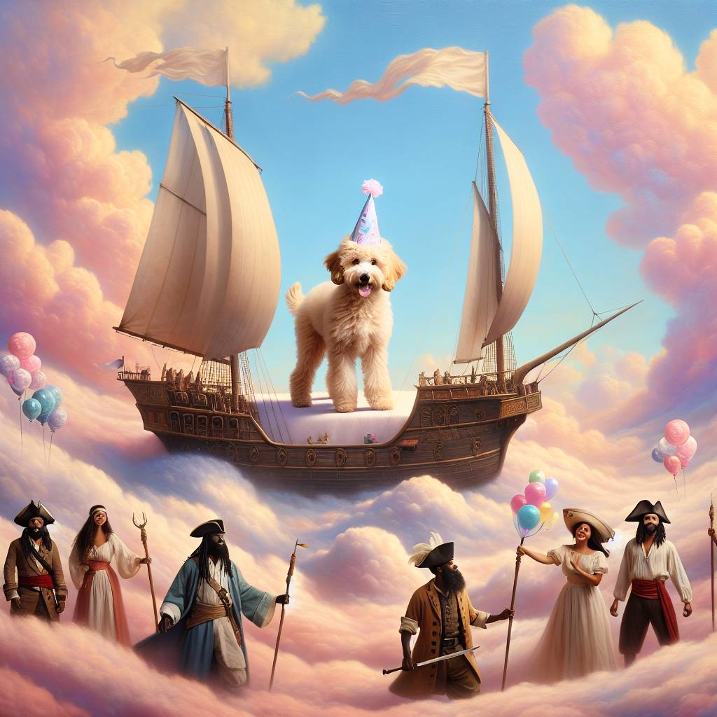 1) Birthday AI Generated Card - Goldendoodle, Sky ship, and Pirates (a1750)