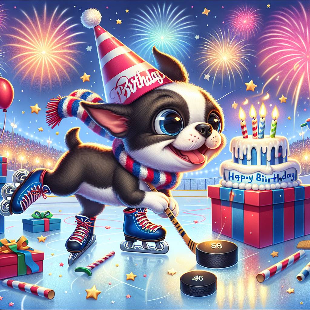 2) Birthday AI Generated Card - Boston terrier, hockey (a8049)