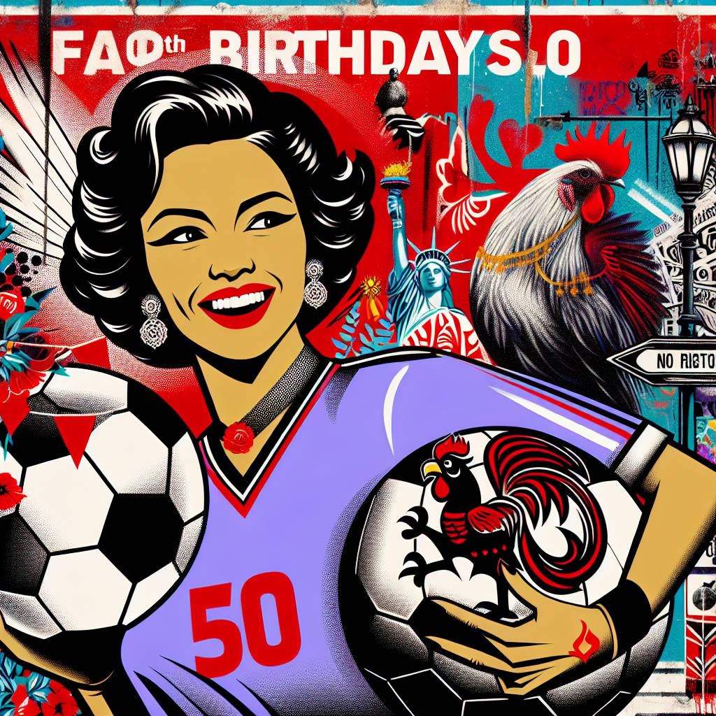 1) Birthday AI Generated Card - 50th birthday, Female, Dark hair, Red lipstick, Spurs soccer club supporter, and Banksy (bc7c6)