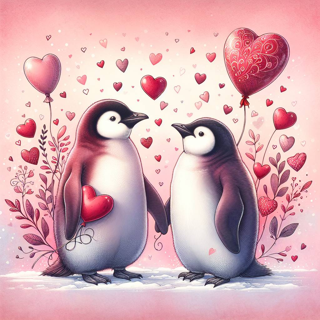 1) Valentines-day AI Generated Card - Penguins, and Hearts (08680)