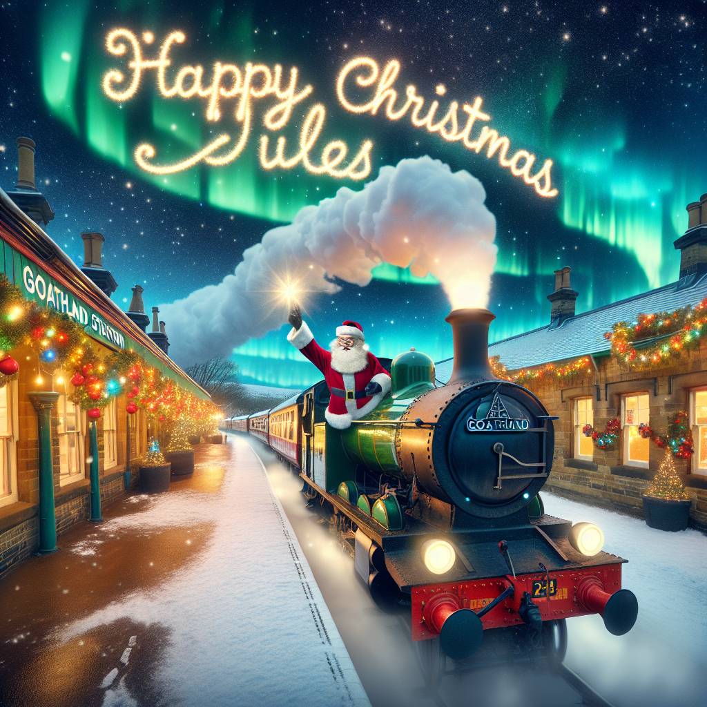 2) Christmas AI Generated Card - Steam train, Goathland station, and Aurora (9c524)
