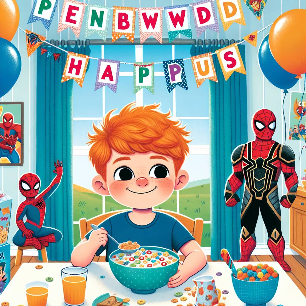 1) Birthday AI Generated Card - Penblwydd Hapus Osian 4, Marvel , Ginger haired boy, and Eating cereal (0253e)