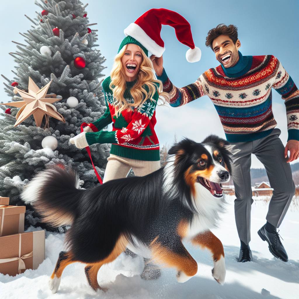 4) Christmas AI Generated Card - Black and white Australian Shepherd border collie mix, Blonde attractive woman, and Short attractive man (ade01)