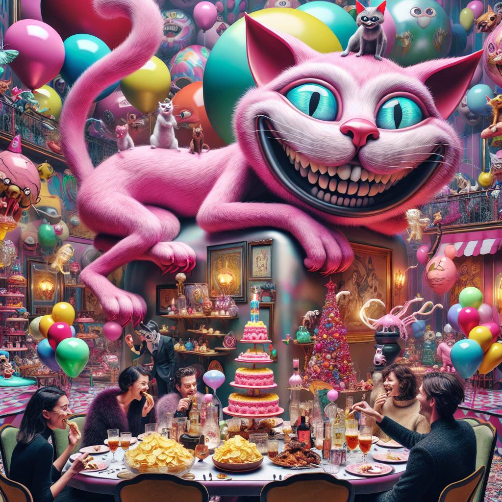 1) Birthday AI Generated Card - Birthday party , Pink Cheshire cat , Chinese food , Stella Artois , and Potato chips (f0bd9)