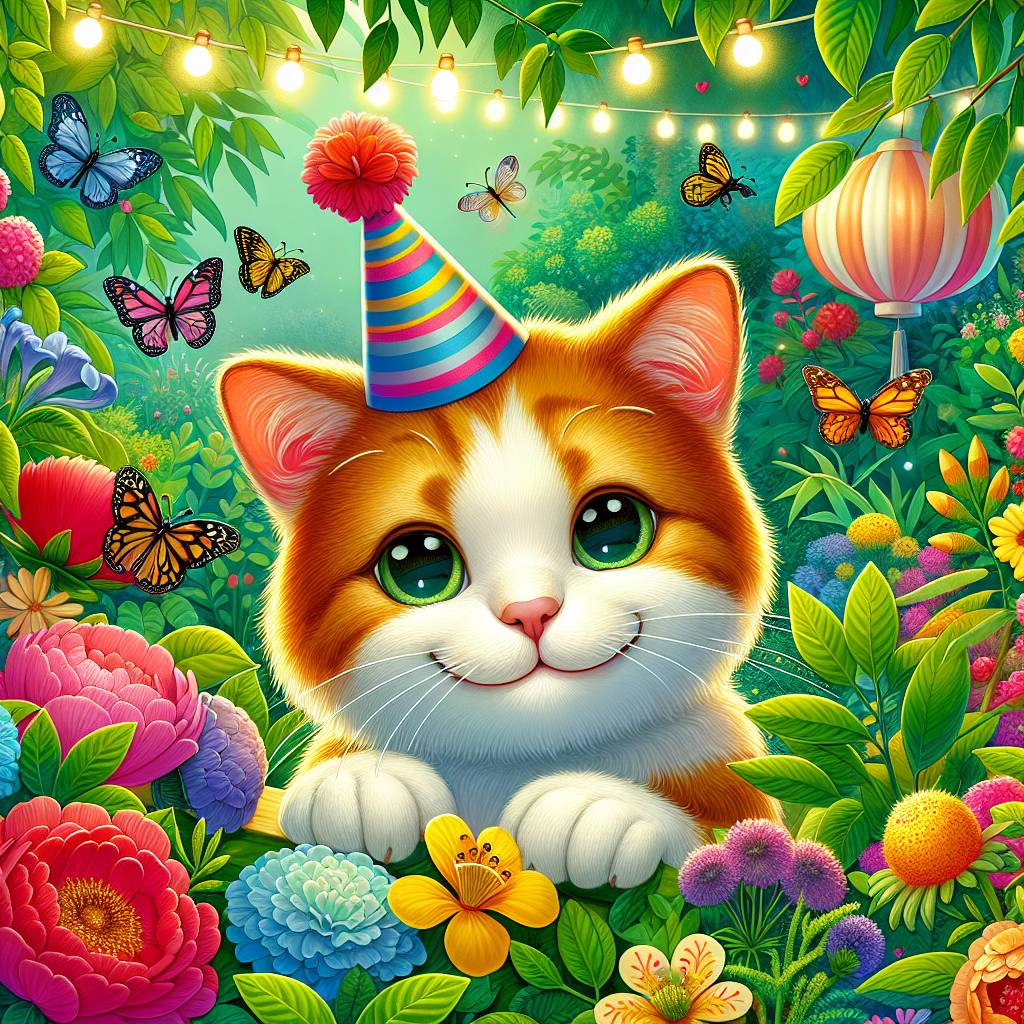 1) Birthday AI Generated Card - Short haired ginger and white cat, and Garden (8cb6e)