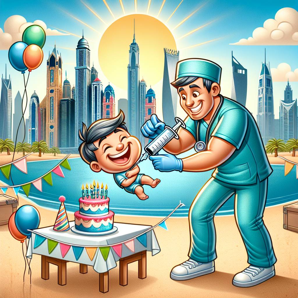 2) Birthday AI Generated Card - Dubai, Male nurse, and Injection (bd927)