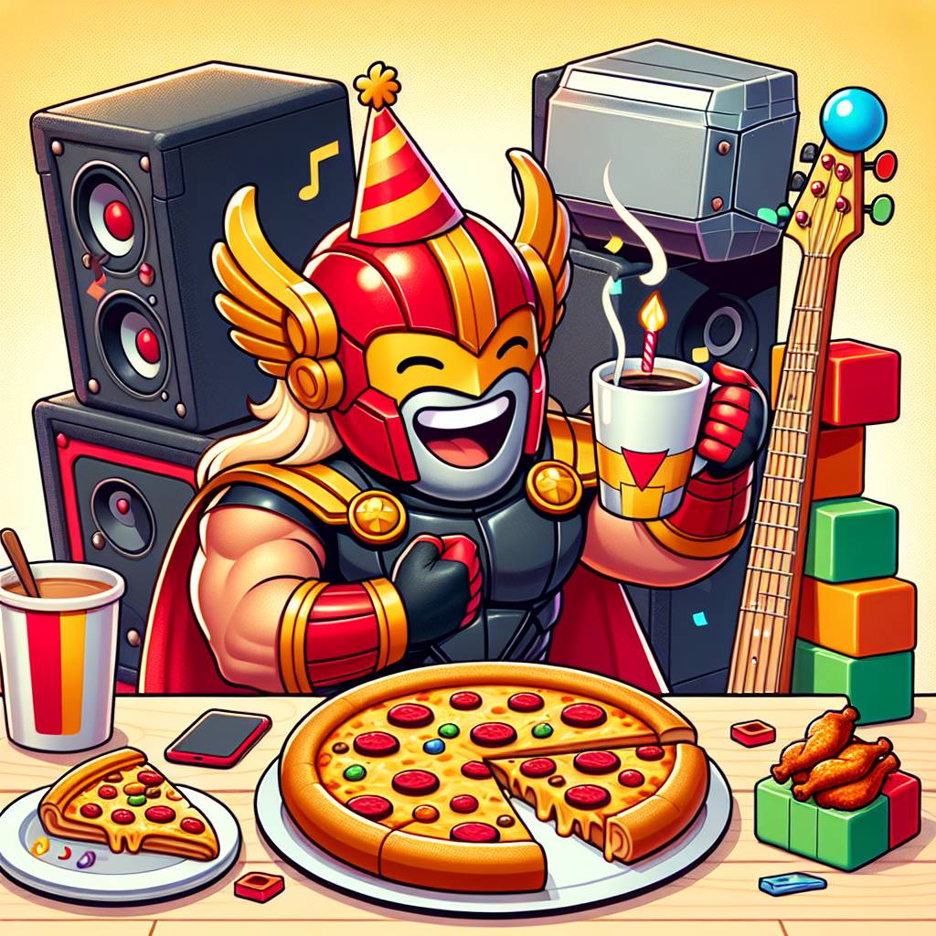 1) Birthday AI Generated Card - Ironman , Marvel , Coffee , Pizza and wings , Bass guitar , and Lego (ab522)