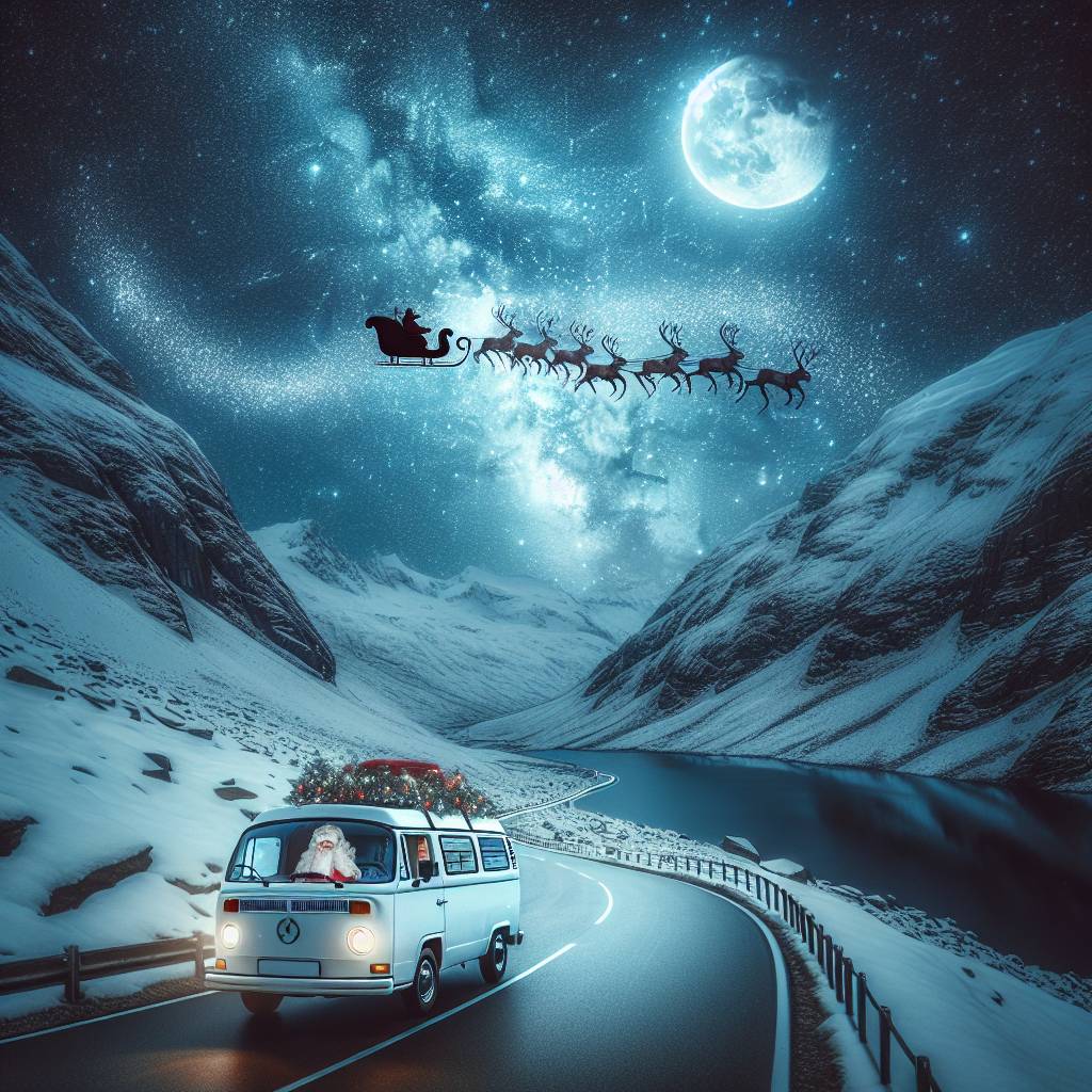 1) Christmas AI Generated Card - white renault master driving away down road, windy road through snowy mountains in moonlight, santa sleigh pulled by reindeer flying overhead (85205)