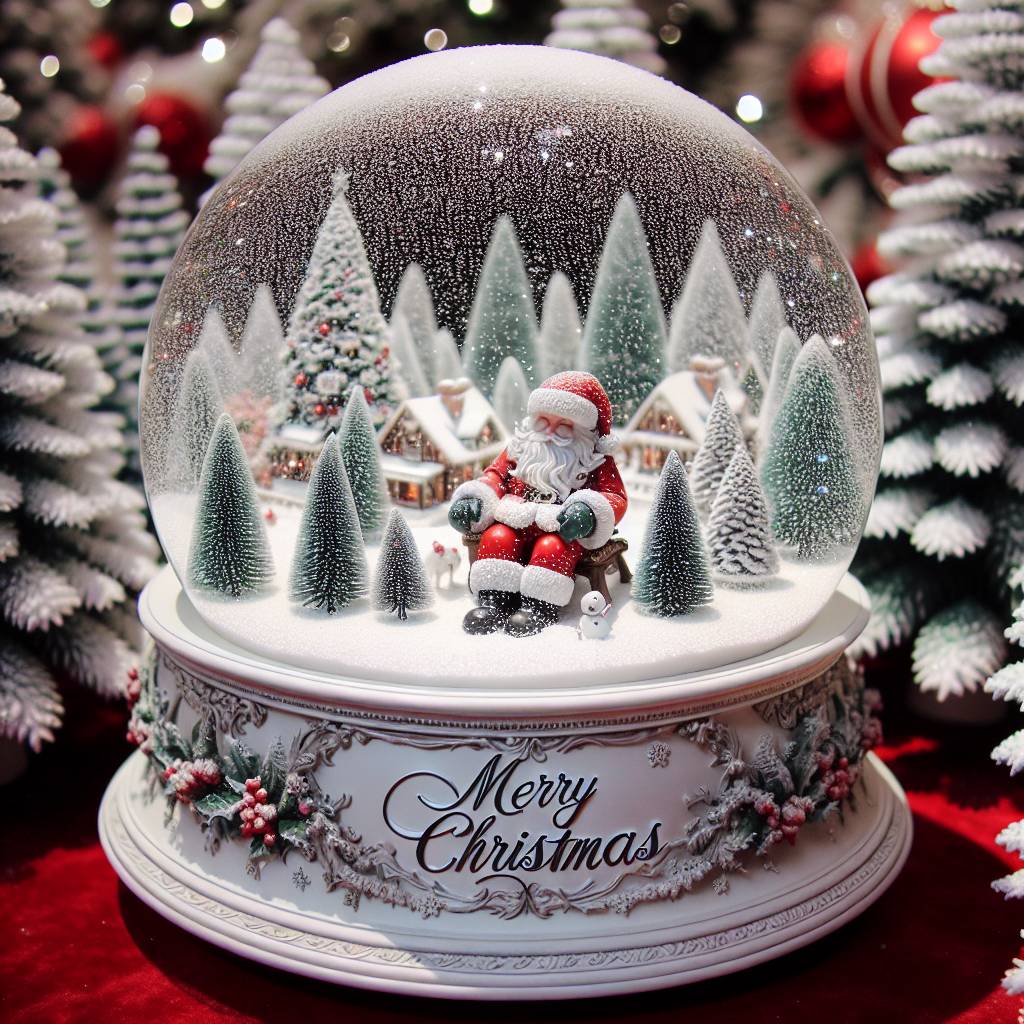 4) Christmas AI Generated Card - a snowglobe with a winter wonderland inside. Santa is sitting on the top of the snowglobe (2503e)