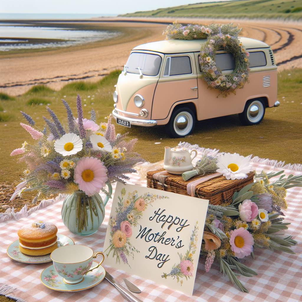 1) Mothers-day AI Generated Card - Campervan, and English seaside (01057)