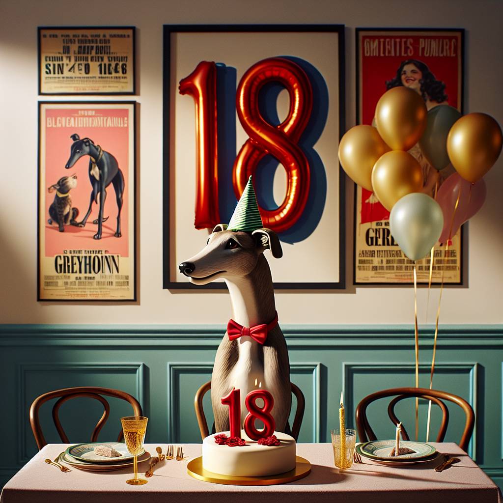 1) Birthday AI Generated Card - Greyhound, Heathers the musical, and 18 (6671d)