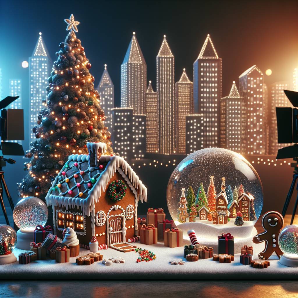3) Christmas AI Generated Card - Christmas gingerbread house, Tree, Manchester, Media city buildings, Snowglobes, Presents, Crackers, and Tv cameras (1c9c9)