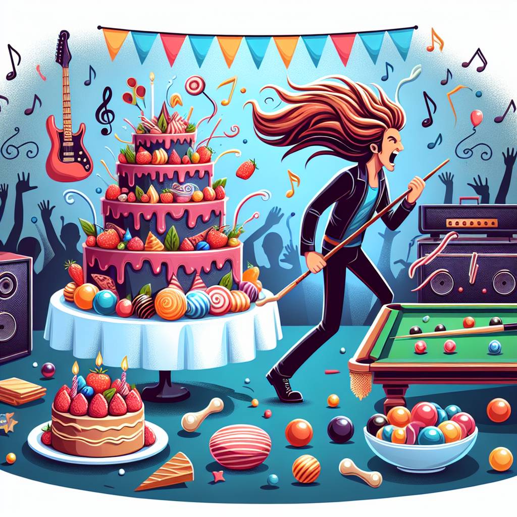 1) Birthday AI Generated Card - Long Hair, Sweets, Food, Rock Music, and Snooker (43434)