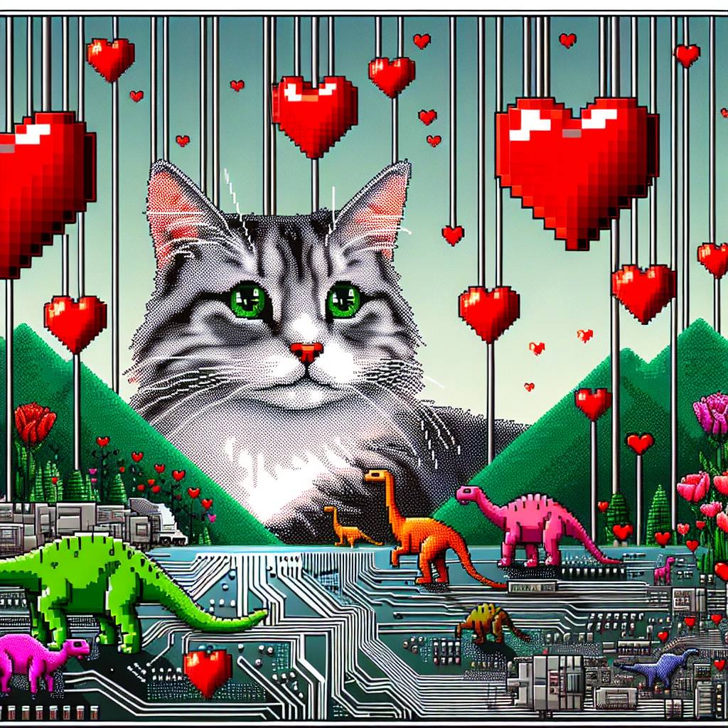 2) Valentines-day AI Generated Card - Retro video games, Dinosaurs, Turkish Van Cat with green eyes, and Circuit boards (bb9d6)