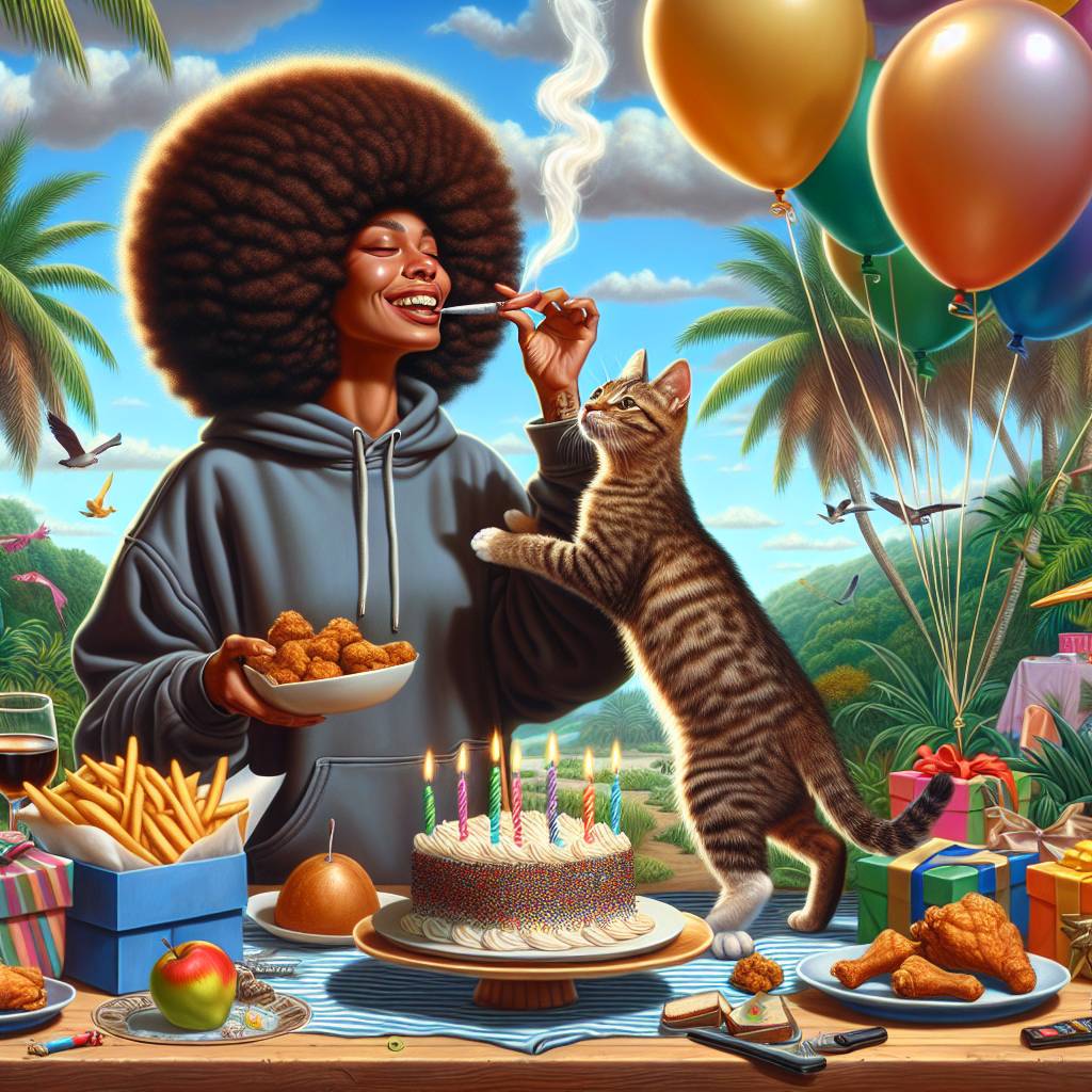 2) Birthday AI Generated Card - Light medium brown skin woman with really curly shoulder length black hair wearing a hoodie,, Curly afro coil shoulder length hair,  Tabby kitten striped brown, Happy , Birthday cake celebration, Smoking weed marijuana, Cannabis, Balloons and presents, Fried chicken, chips, cake, chocolate, apple slices, fries, and Palm trees outdoors (e4b0d)