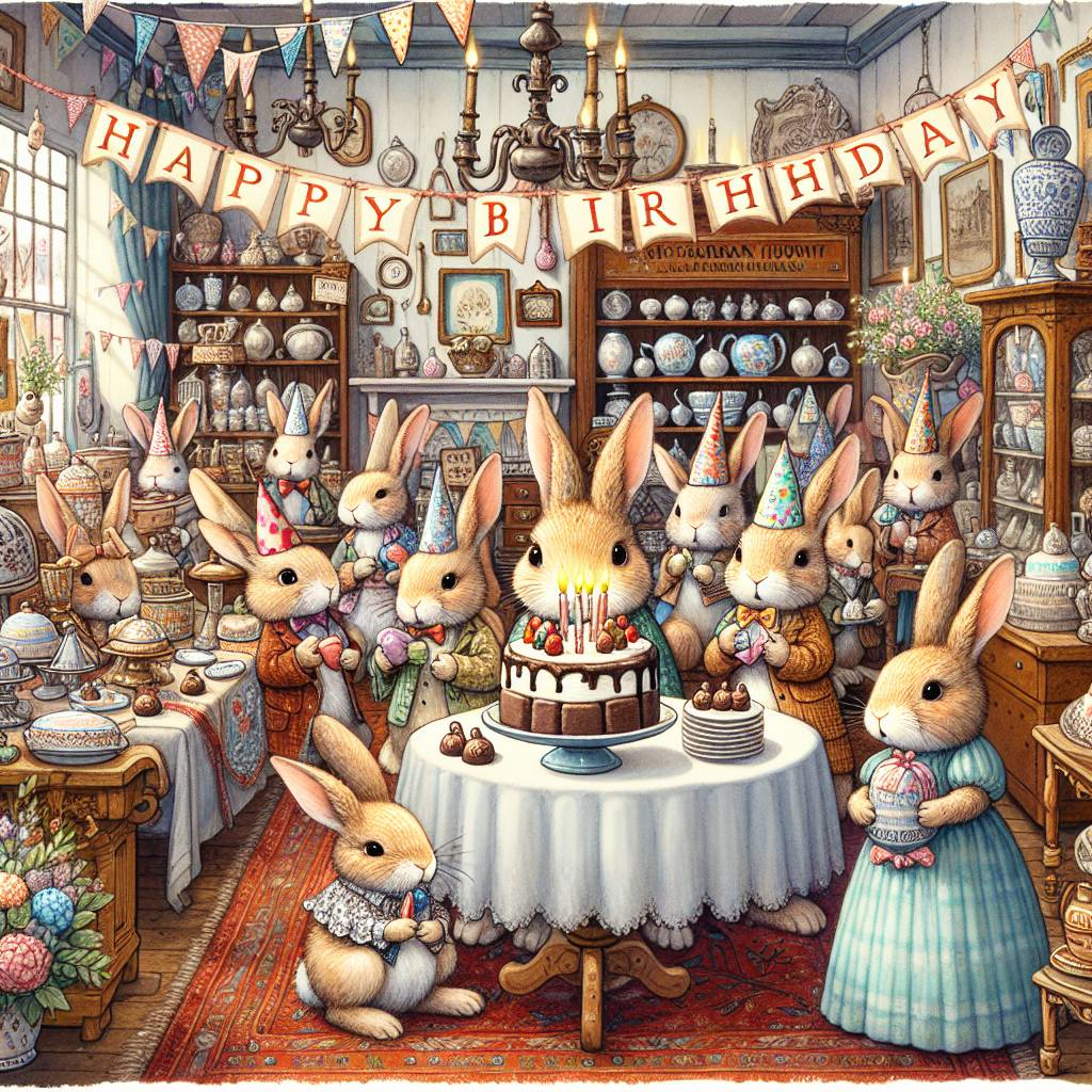 1) Birthday AI Generated Card - Bargain Hunt, Antiques, Chocolate, and Rabbits (f3ac5)