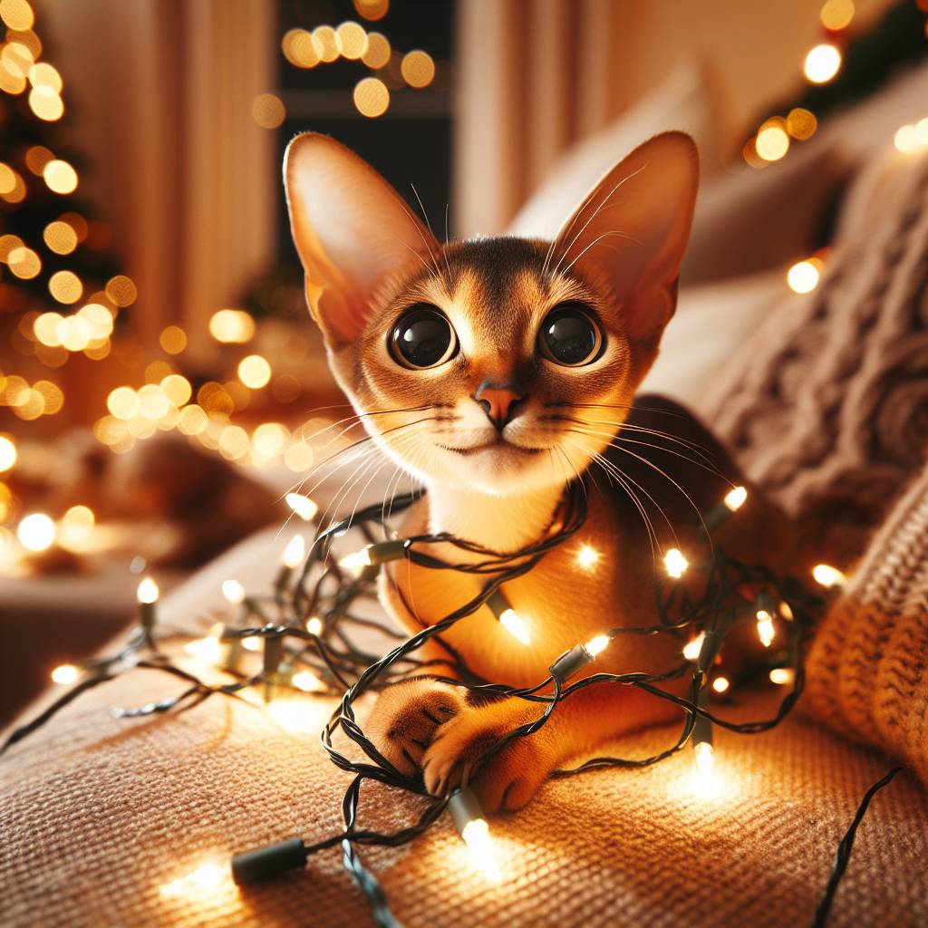 1) Christmas AI Generated Card - singapura cat playing with christmas lights (8f8a8)