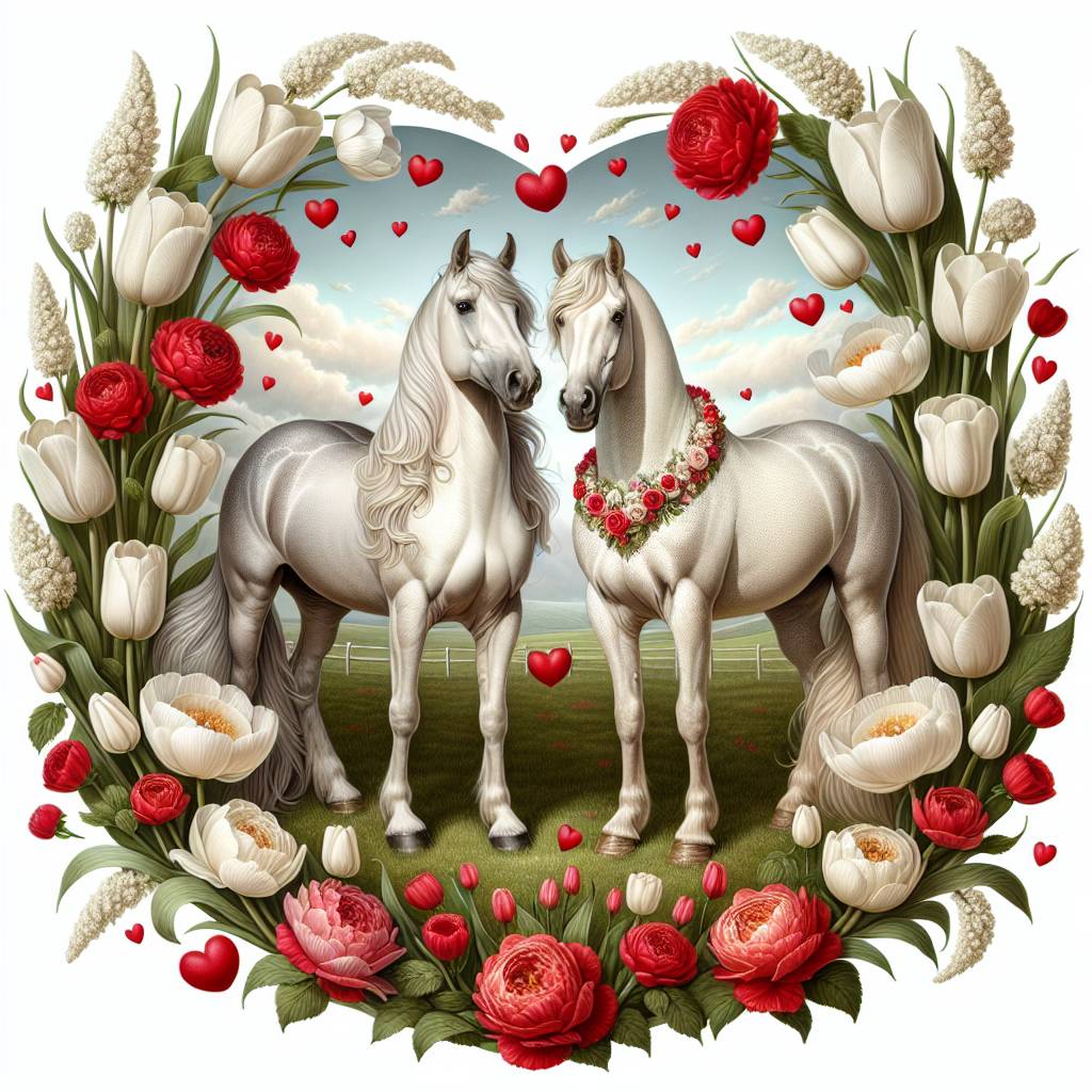 2) Valentines-day AI Generated Card - Horses , White tulips , and Roses (76196)