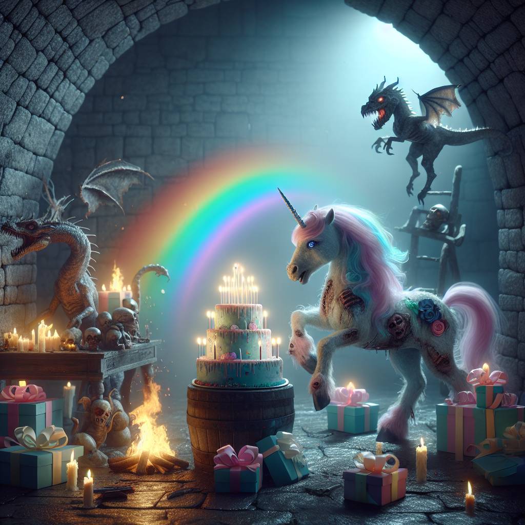 2) Birthday AI Generated Card - Zombie unicorn, Zombie Dragon, Zombie Cat, Rainbow, Dungeon, Fantasy, and Fire (9293d)