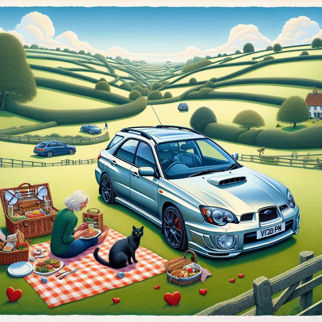 1) Valentines-day AI Generated Card - Silver Subaru Impreza Estate, English fields and countryside, Black cat, and Picnic (08d9e)