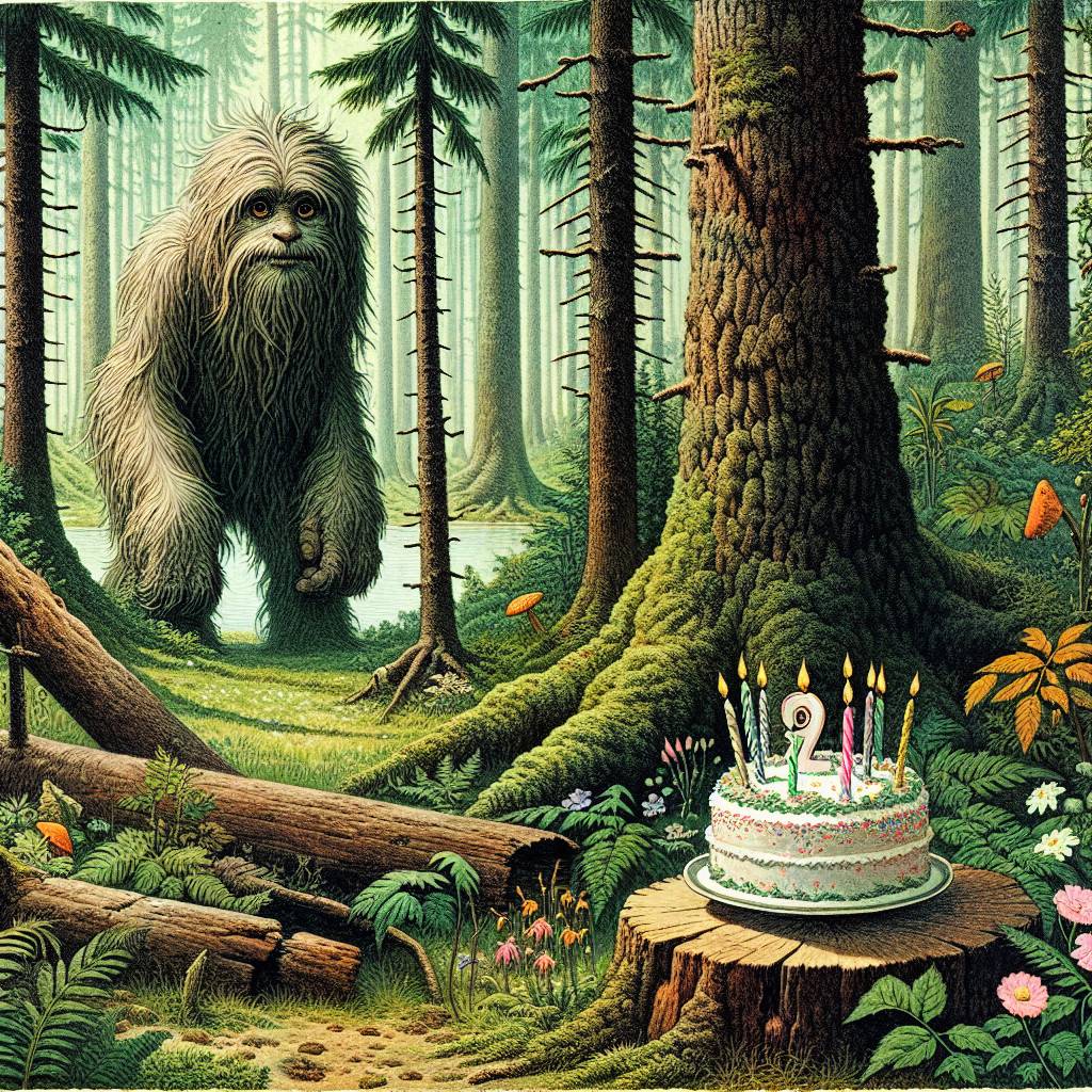 1) Birthday AI Generated Card - Bigfoot, and Plants (ebe48)