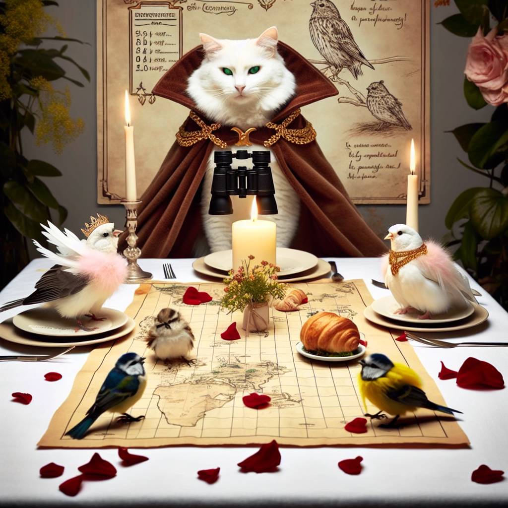 2) Valentines-day AI Generated Card - White cat, Birdwatching , Dungeons and dragons , and Fine dining  (8b031)