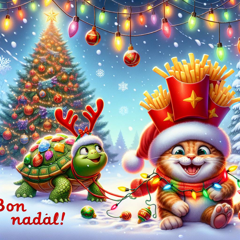 1) Christmas AI Generated Card - Cat, turtle, Christmas tree with french feies bags (6f914)