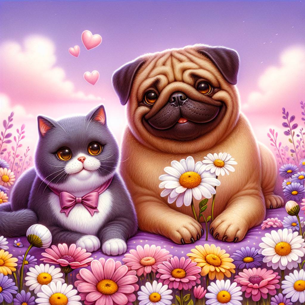 1) Valentines-day AI Generated Card - Brown pug, Daisies, Smiley face, Lilac, and British short hair cat (4c6eb)