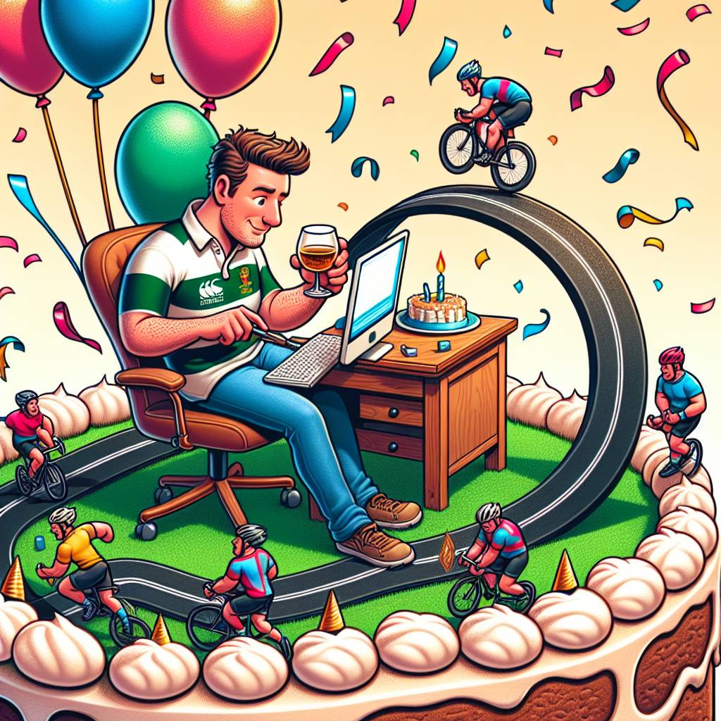 1) Birthday AI Generated Card - Rugby, Whiskey , Computer , and Cycling (93ba5)