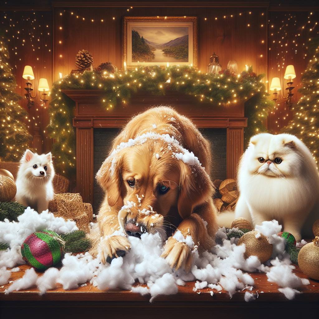 1) Christmas AI Generated Card - golden retriever making a mess by the side of a white pomeranian dog and a white persian cat (fbce6)