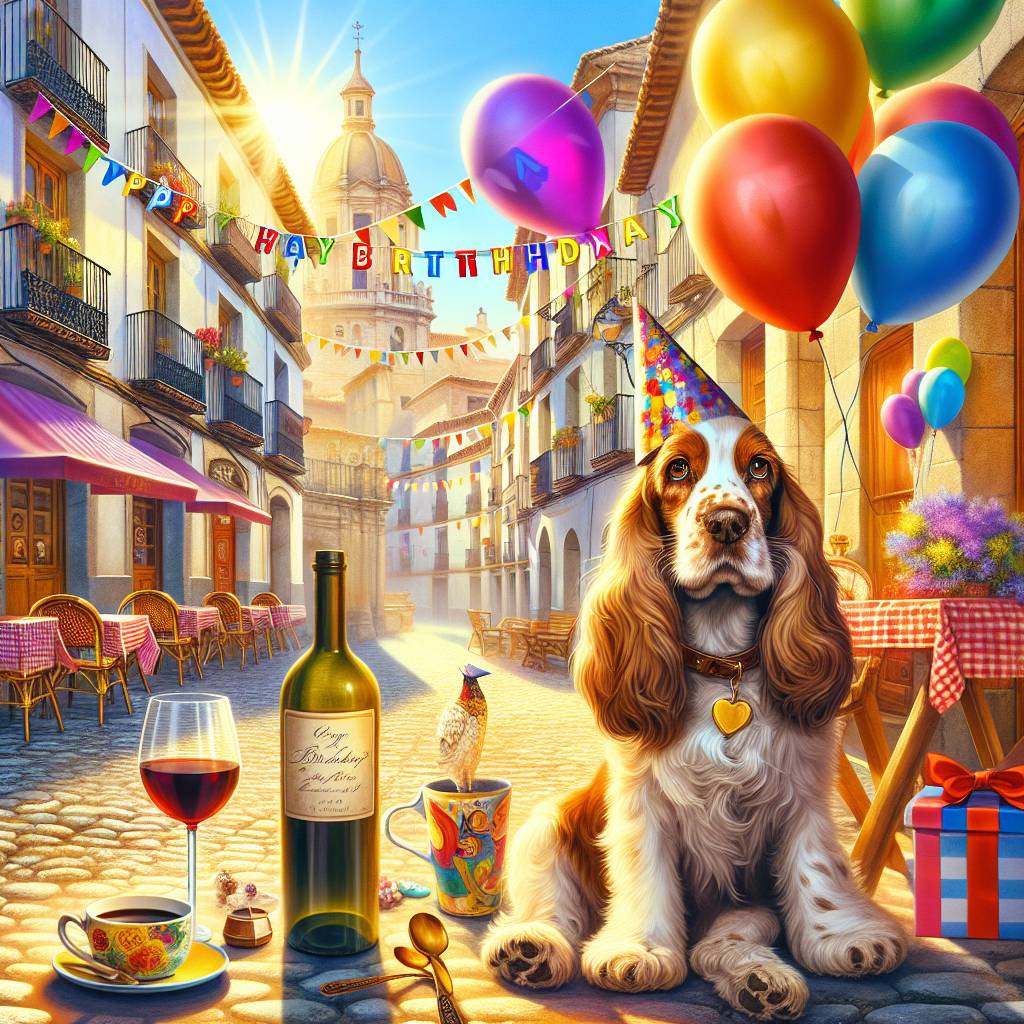 1) Birthday AI Generated Card - Spain, Wine, Coffee, and Cocker spaniel (7c217)