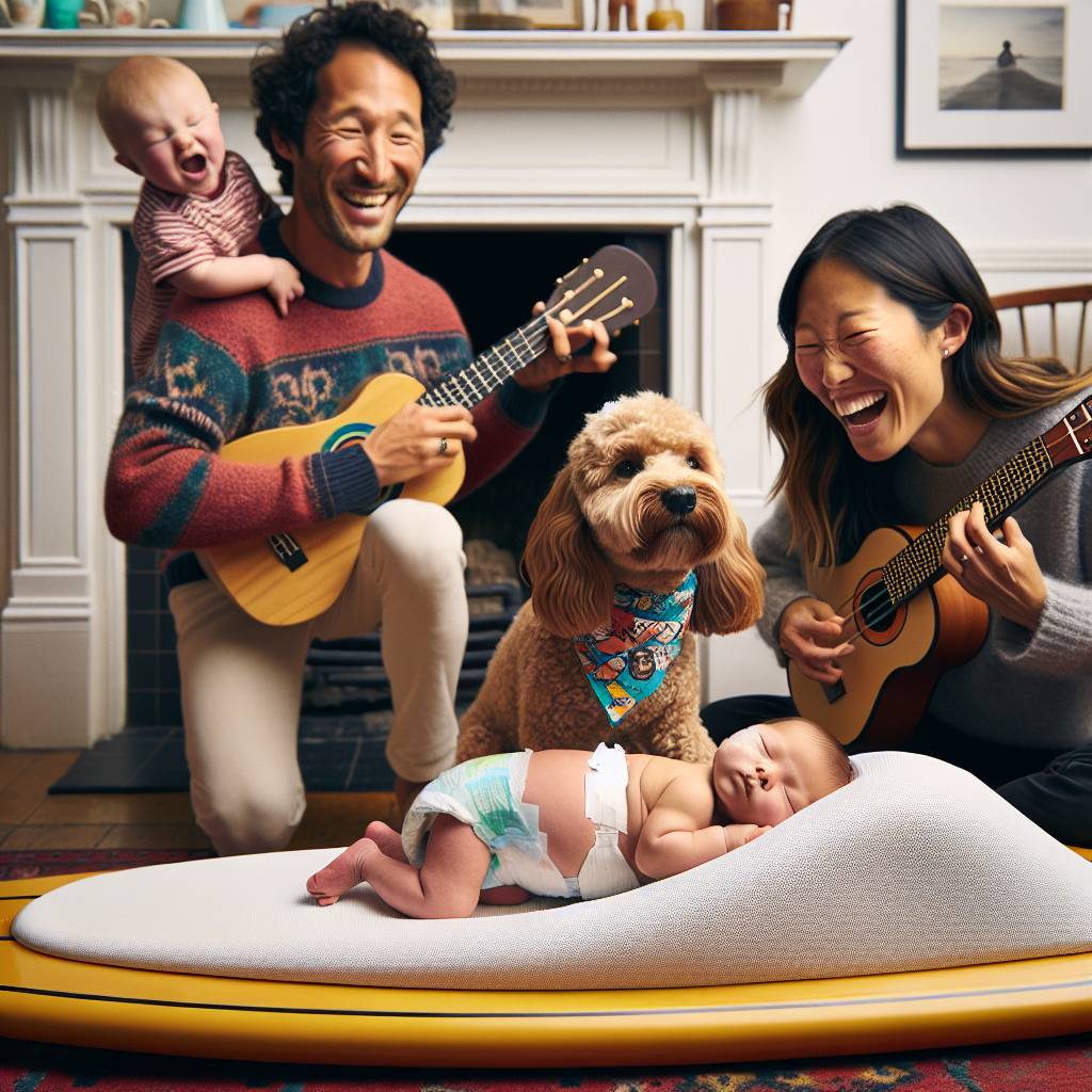 2) New-baby AI Generated Card - Cockerpoo, Paddleboard, Guitar, Toddler, and Wine (26211)