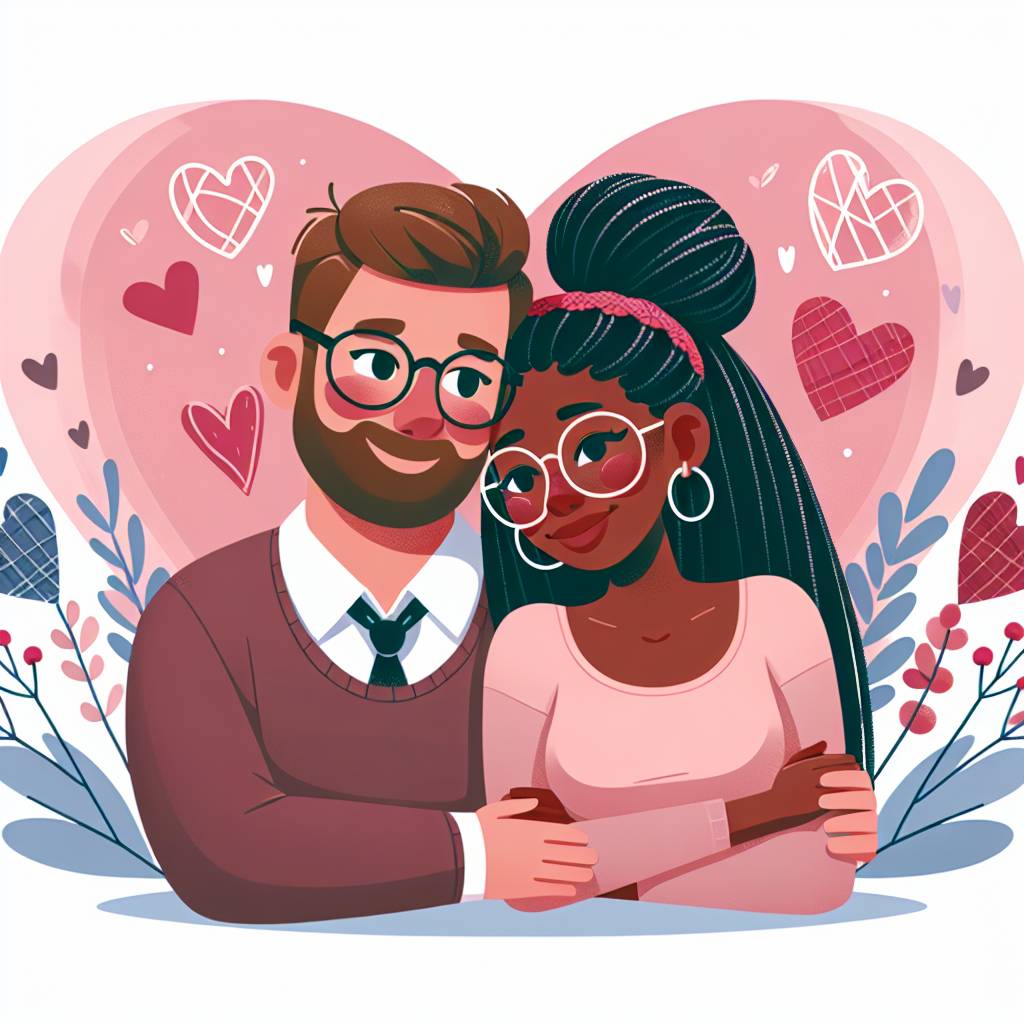 1) Valentines-day AI Generated Card - White man with balding head and glasses cuddling black woman with box braids and wearing glasses, and Valentines heart (1e263)