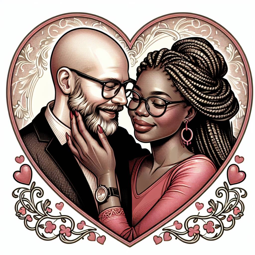 2) Valentines-day AI Generated Card - White man with balding head and glasses cuddling black woman with box braids and wearing glasses, and Valentines heart (1f66e)