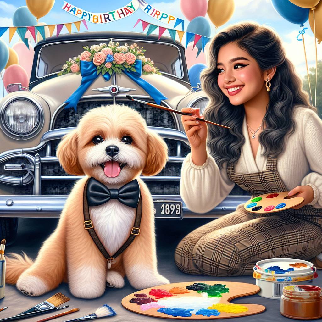 2) Birthday AI Generated Card - Dog , Artist, and Vintage car (e28a0)