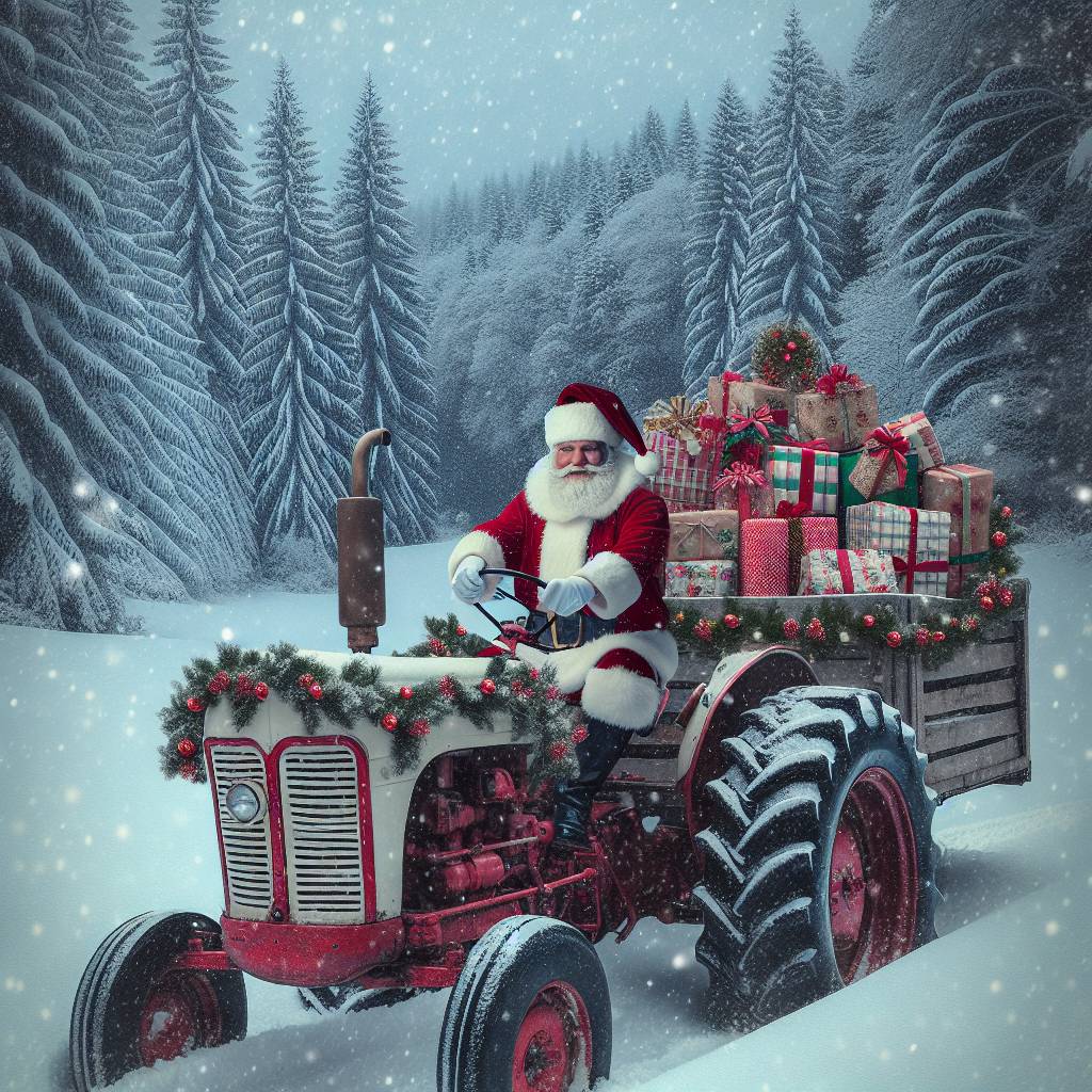 3) Christmas AI Generated Card - tractor, santa claus, trees, winter, snow, gifts (52950)