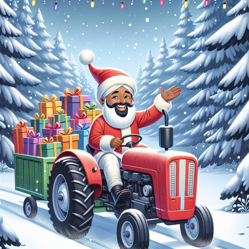4) Christmas AI Generated Card - tractor, santa claus, trees, winter, snow, gifts (8bea5)