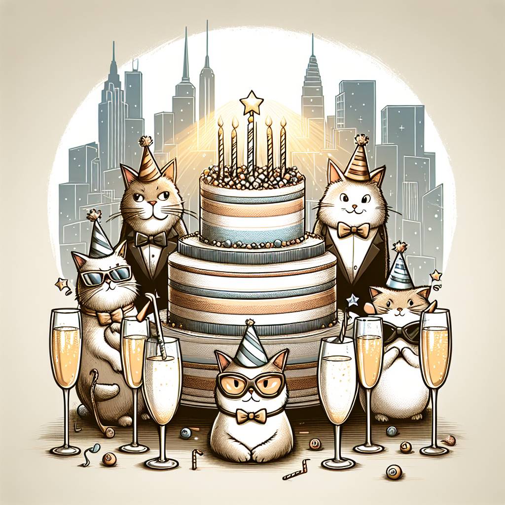 2) Birthday AI Generated Card - Champagne , Cats, Cake , and New York  (a649e)