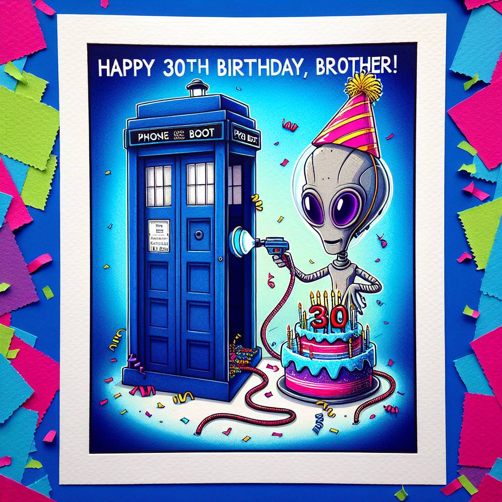 1) Birthday AI Generated Card - Dr Who, Tardis, Dalek , Birthday cake , and 30th birthday brother  (934be)