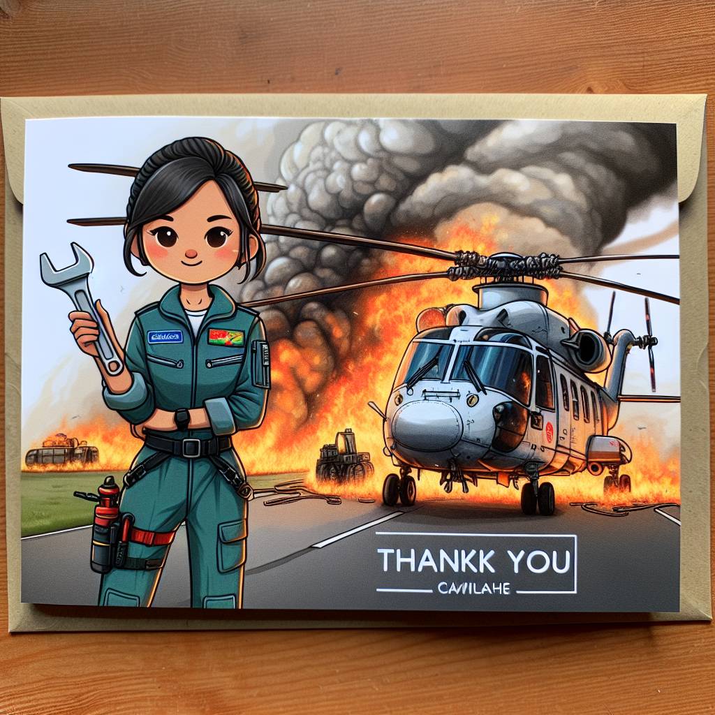 1) Thank-you AI Generated Card - a welsh aircraft engineer with a spanner in hand stood in front of a helicopter on fire (f45db)