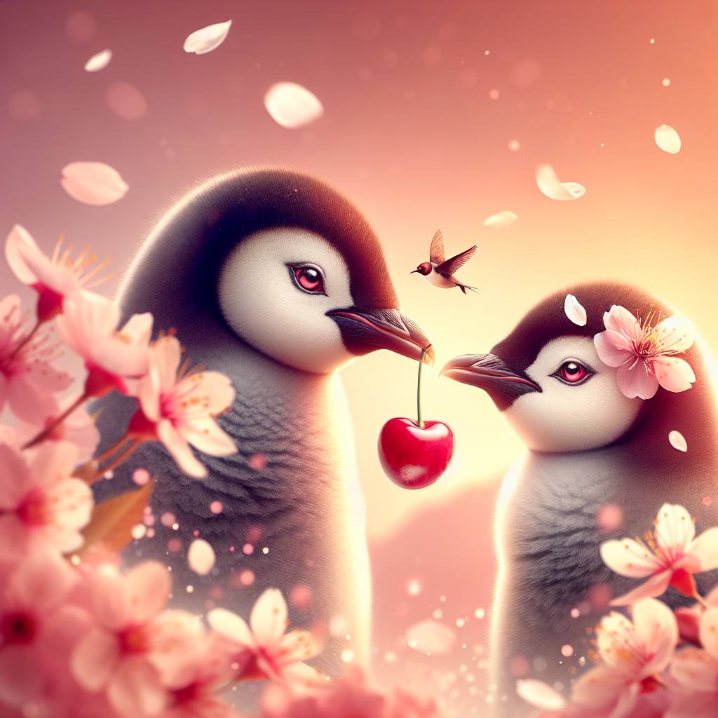 2) Valentines-day AI Generated Card - Penguins, Cherrys, and Colour orange (e385a)