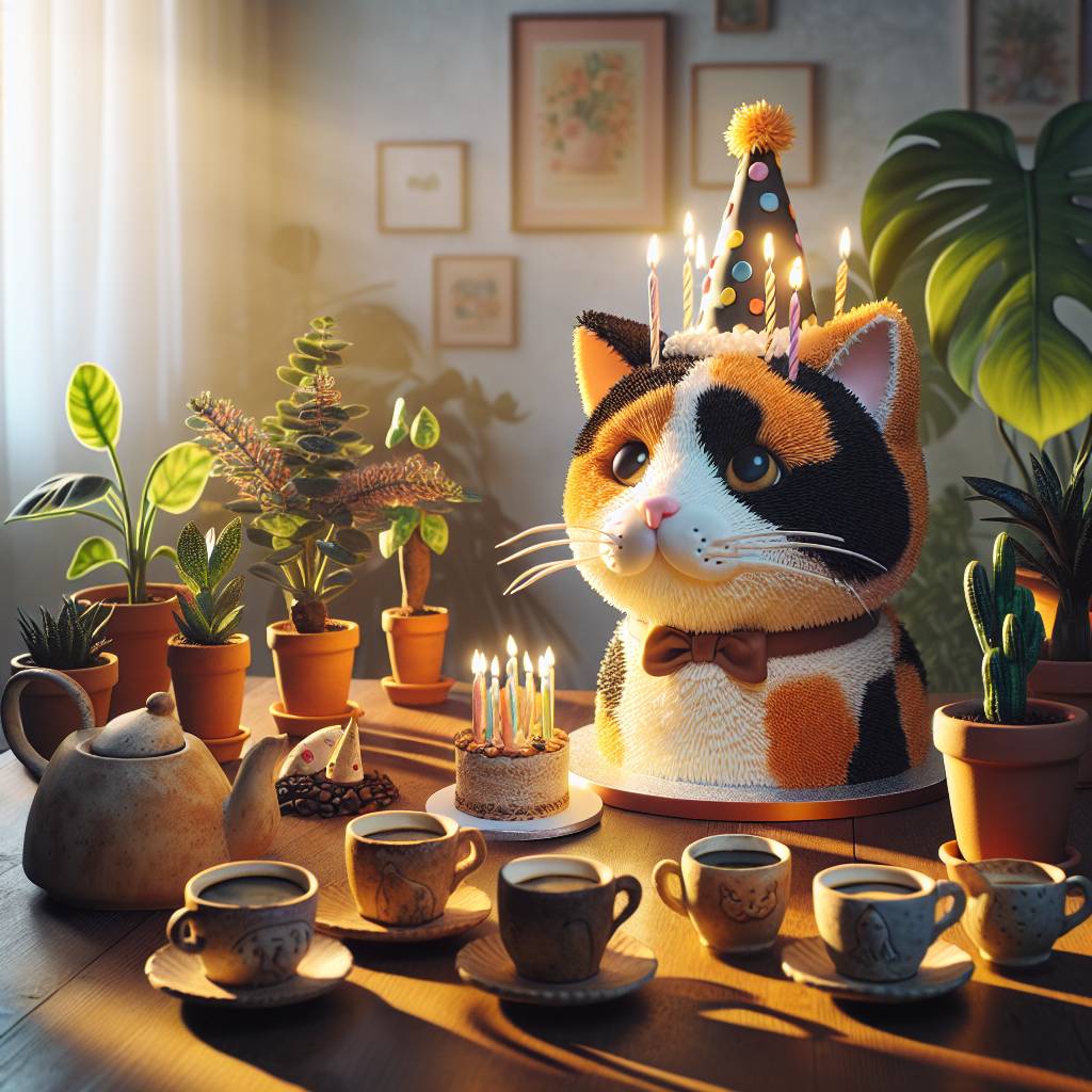 1) Birthday AI Generated Card - Calico cats, Coffee, and Houseplants  (dcf9f)