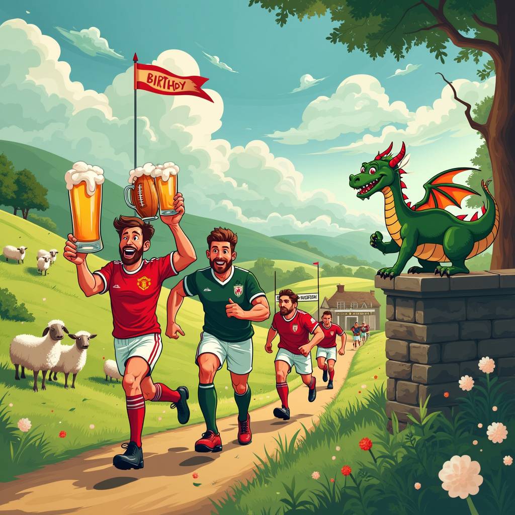 2) Birthday AI Generated Card - Manchester United, Beer, Running, Wales, and Rugby (ffad6)