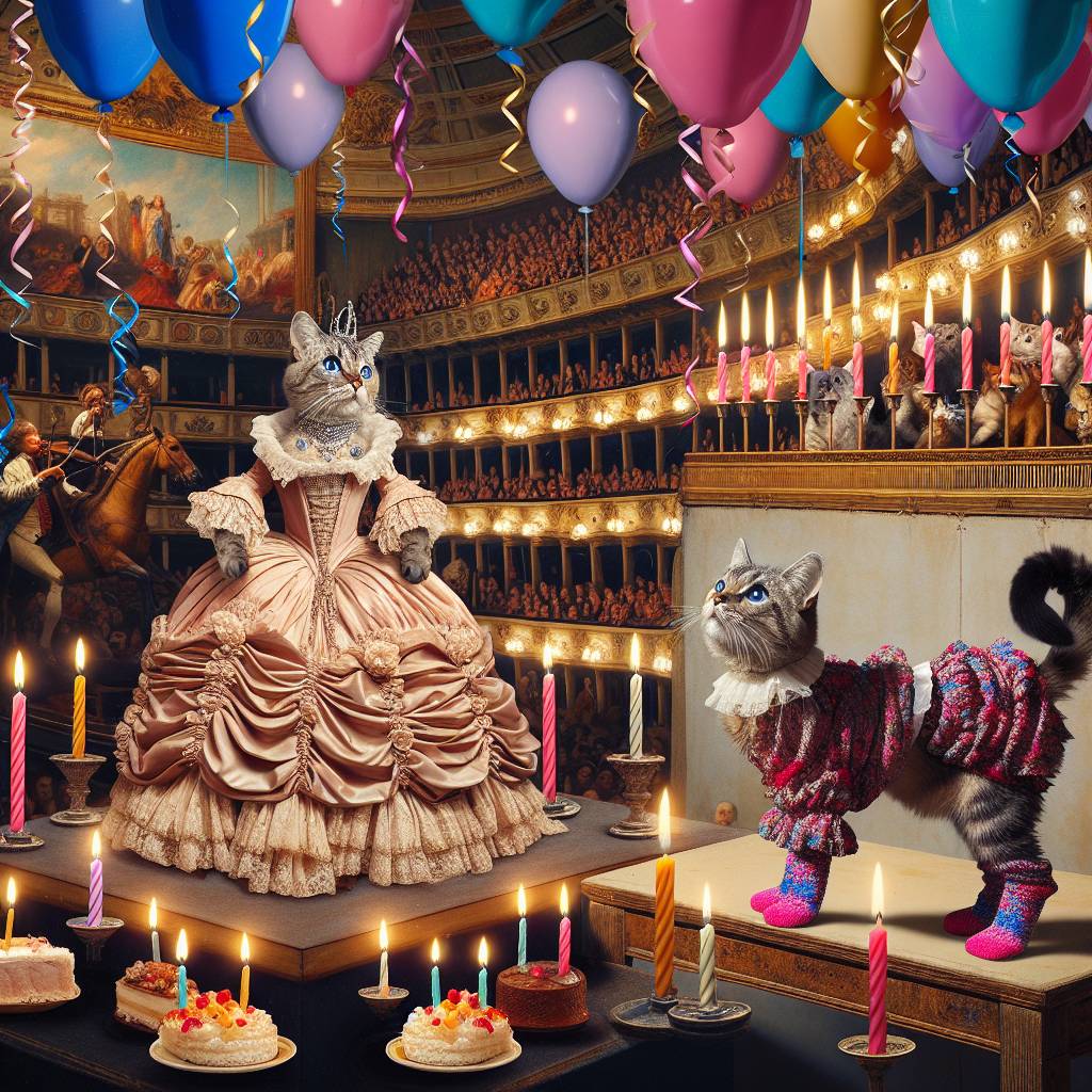 1) Birthday AI Generated Card - A cat in a historical dress from the 16th century, Singing in the opera in Vienna, and Another cat wearing issey miyake and sock shoes looking cool (8e697)