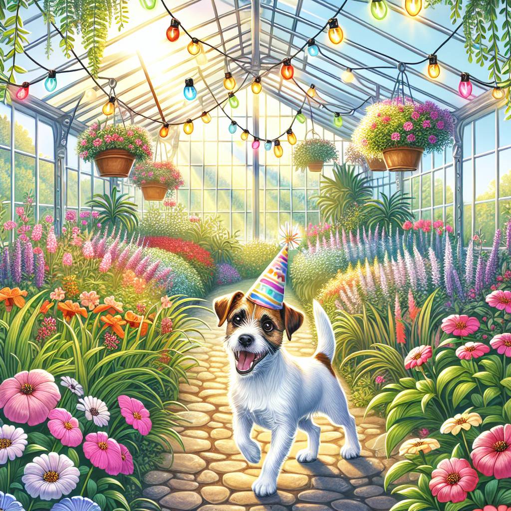 1) Birthday AI Generated Card - Flowers greenhouse garden Jack Russell  (8a433)
