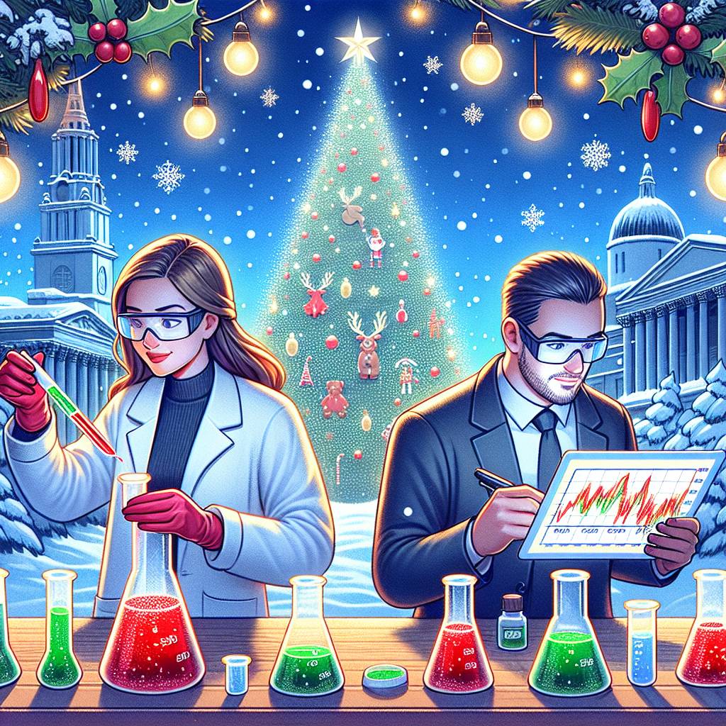 4) Christmas AI Generated Card - Female scientist with white skin and brown long hair, Male forex trader with white skin and short brown hair, and London (01aa8)