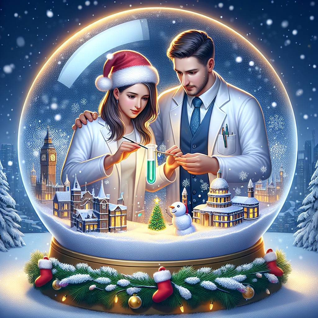 2) Christmas AI Generated Card - Female scientist with white skin and brown long hair, Male forex trader with white skin and short brown hair, and London (688e0)